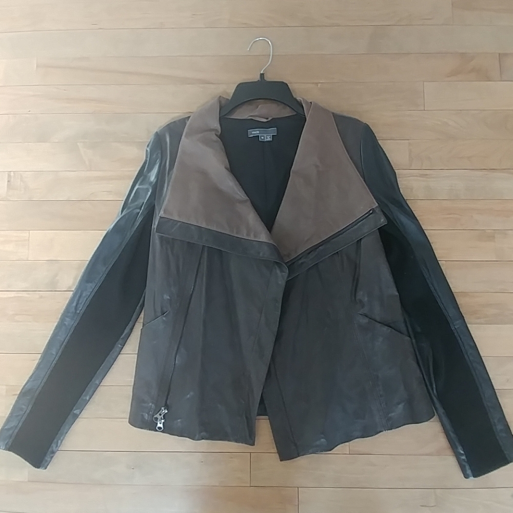 VINCE rib panel leather moto jacket
